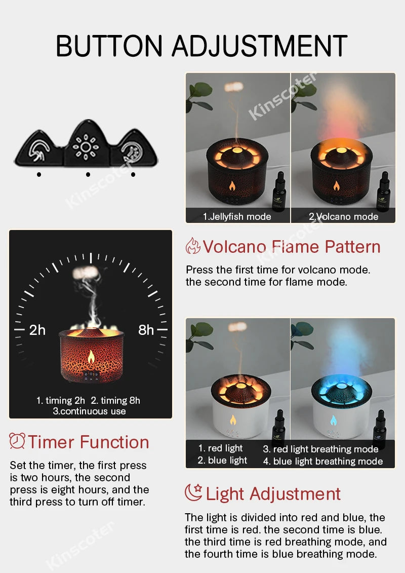 KINSCOTER Volcano Flame & Jellyfish Aroma Diffuser - 360ml Essential Oil Humidifier