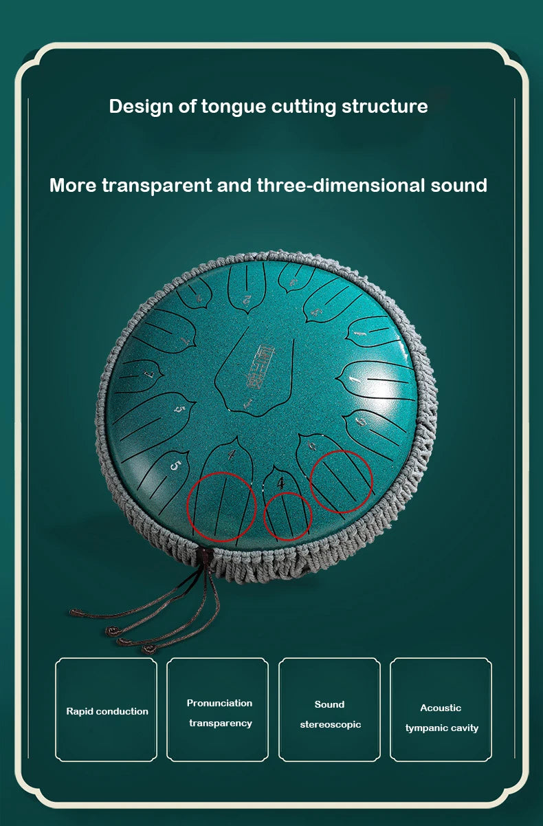Hluru 13-inch Steel Tongue Drum - 15 Notes D Tone Glucophone Ethereal Percussion
