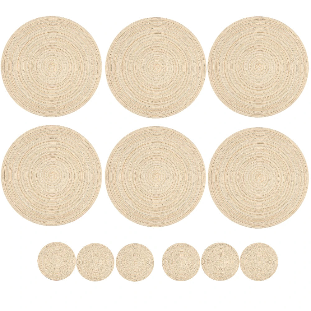 Set of 12 Round Braided Placemats & Coasters | Washable, Heat Resistant & Non-Slip