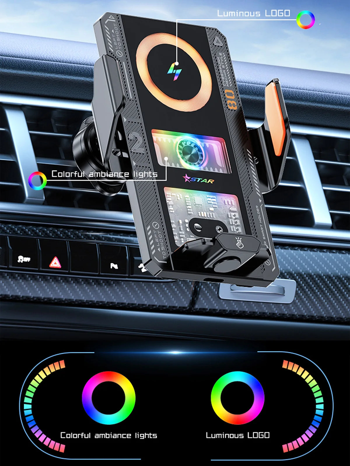Smart Sensing Car Phone Mount | 15W Wireless & 66W Fast Charging Auto Clamping Holder