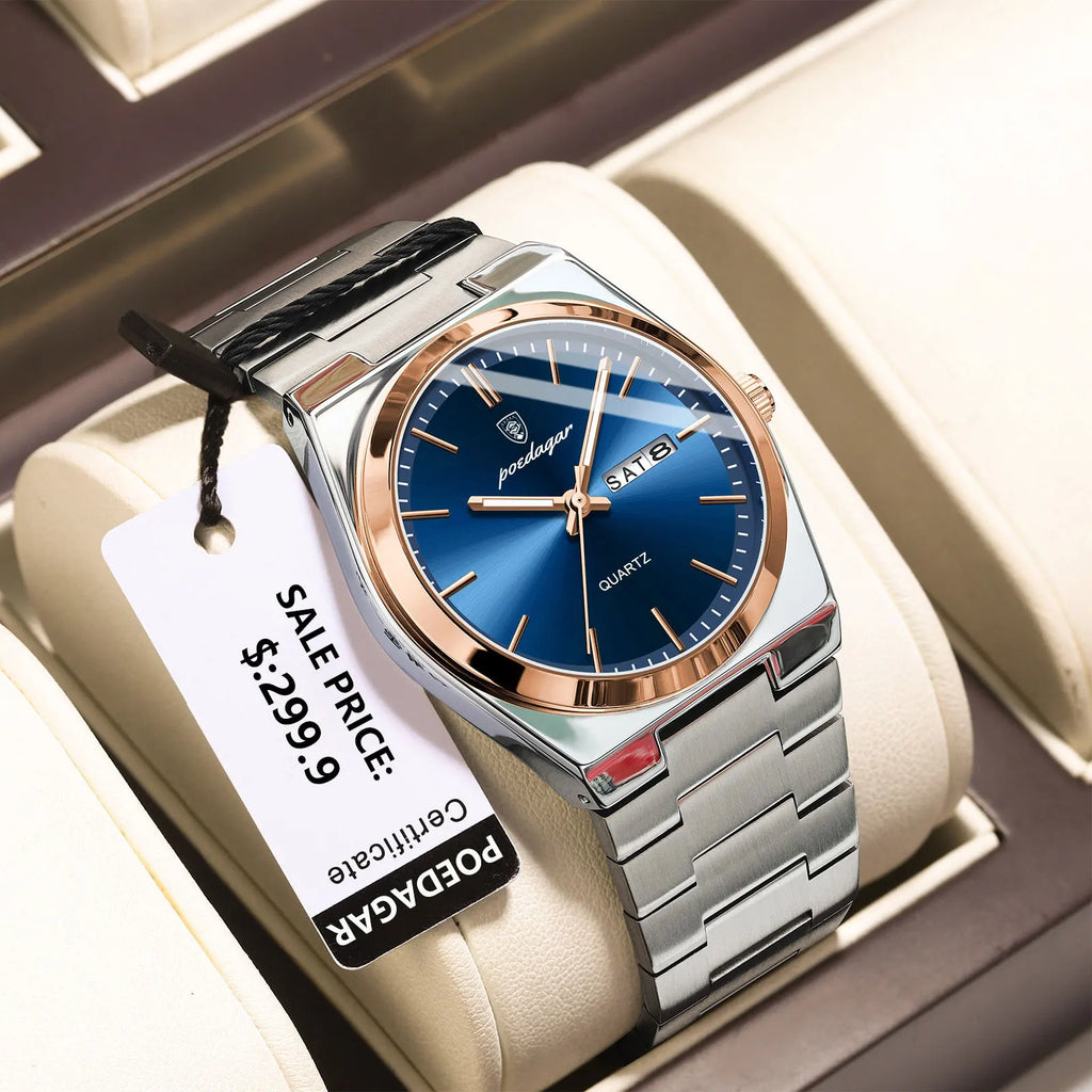 POEDAGAR Luxury Men's Quartz Watch - Waterproof, Luminous, Date & Week