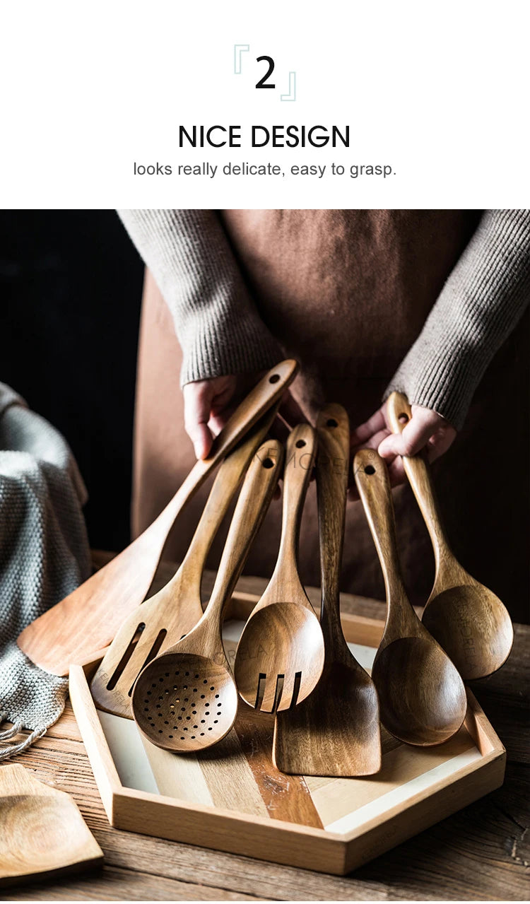 9-Piece Teak Wooden Cooking Utensil Set with Holder