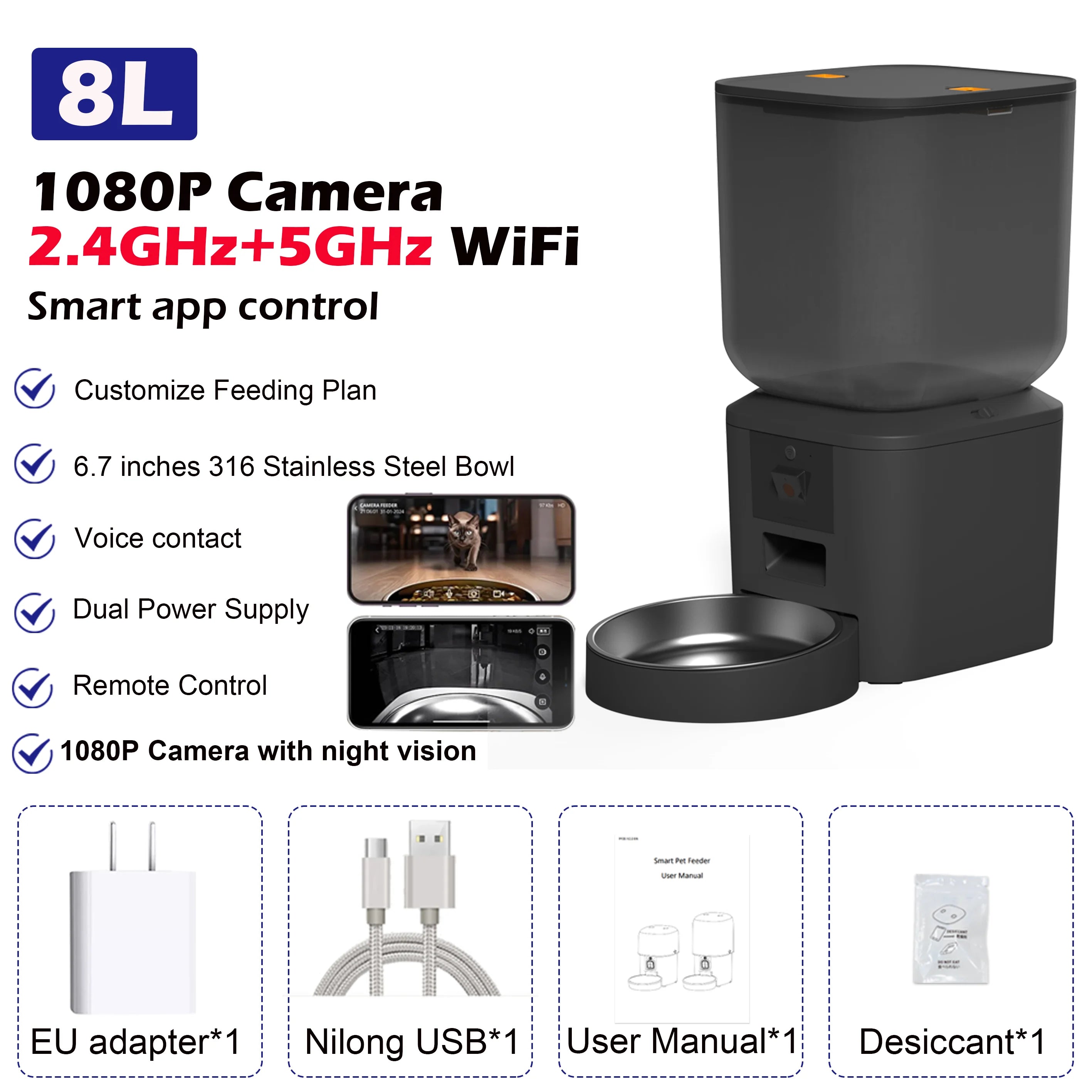 8L Smart Automatic Cat Feeder with 1080p Camera & 5G WiFi App Control