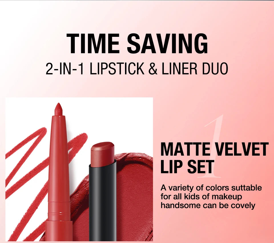 Vabena Waterproof 2-in-1 Lip Liner & Lipstick Set - No Smudge, No Fade