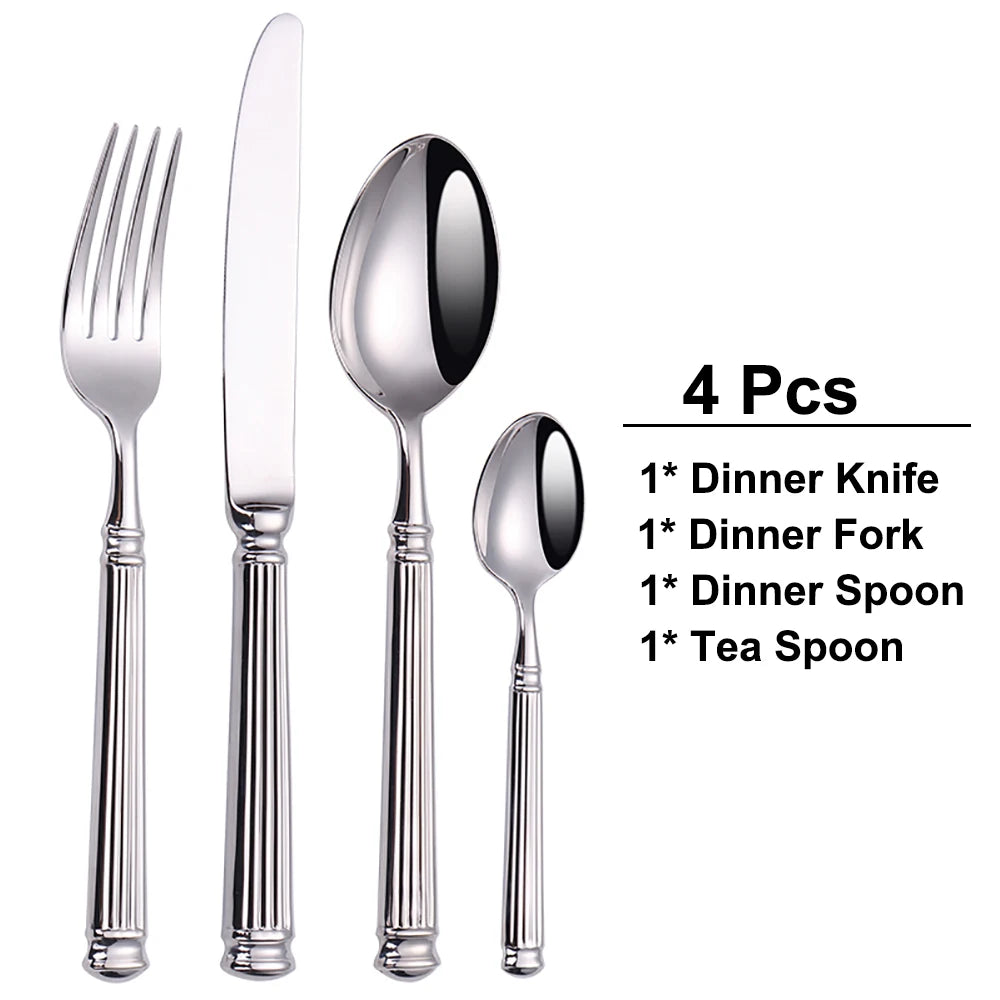 Elegant Silver Striped Cutlery Set - Premium 304 Stainless Steel Tableware