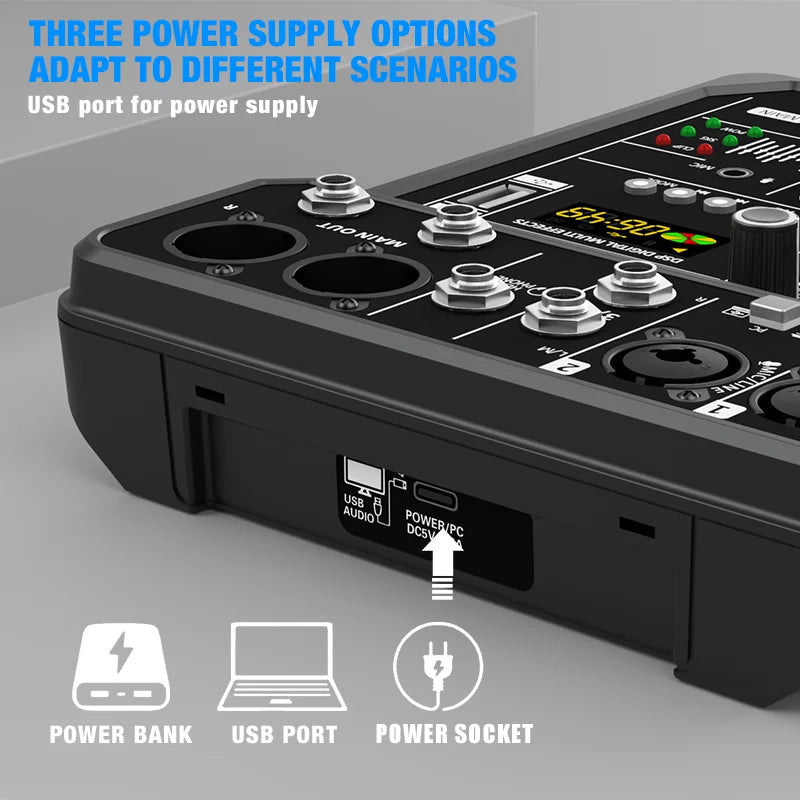 4-Channel Bluetooth Audio Mixer Console with 48V Phantom Power for USB Computer & Karaoke
