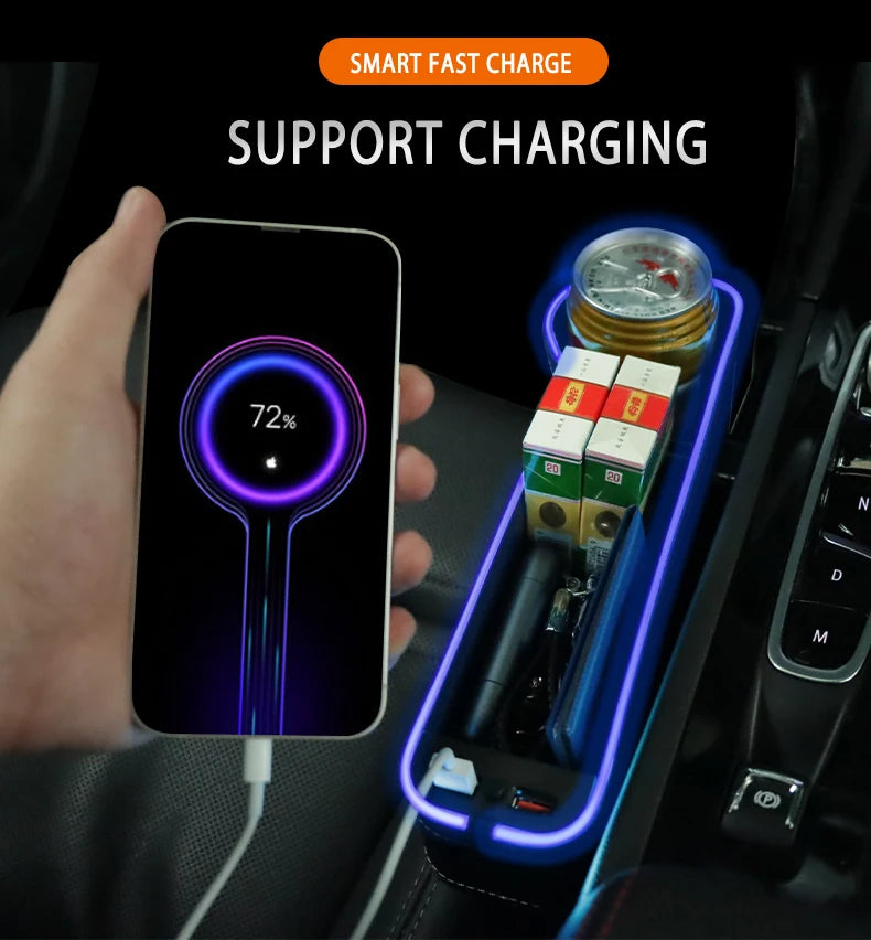 Car Seat Gap Filler Organizer with LED Light & Dual USB Charger - Cup Holder & Storage