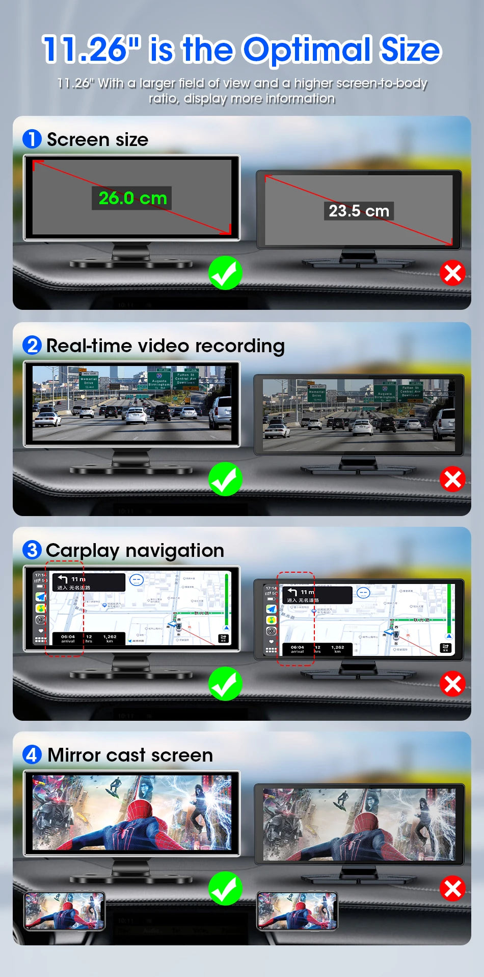 10/11.26" 4K Dash Cam with Wireless Carplay & Android Auto | GPS | Dual Lens