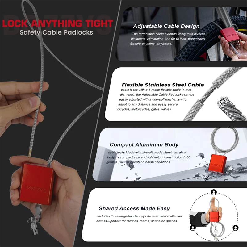 BOZZYS Adjustable Cable Lockout Padlock - Industrial Safety Lock