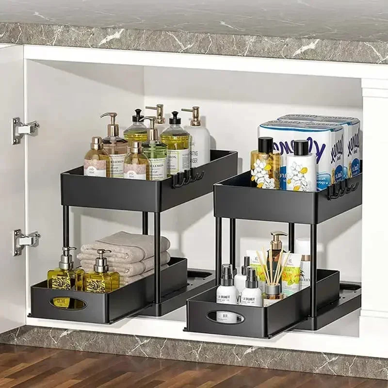 2-Tier Under Sink Organizer - Sliding Cabinet Basket Storage Rack for Bathroom & Kitchen