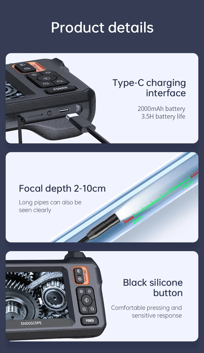 Vabena Industrial Endoscope Camera 8mm HD | 4.3" IPS Screen | IP67 for Car & Pipe