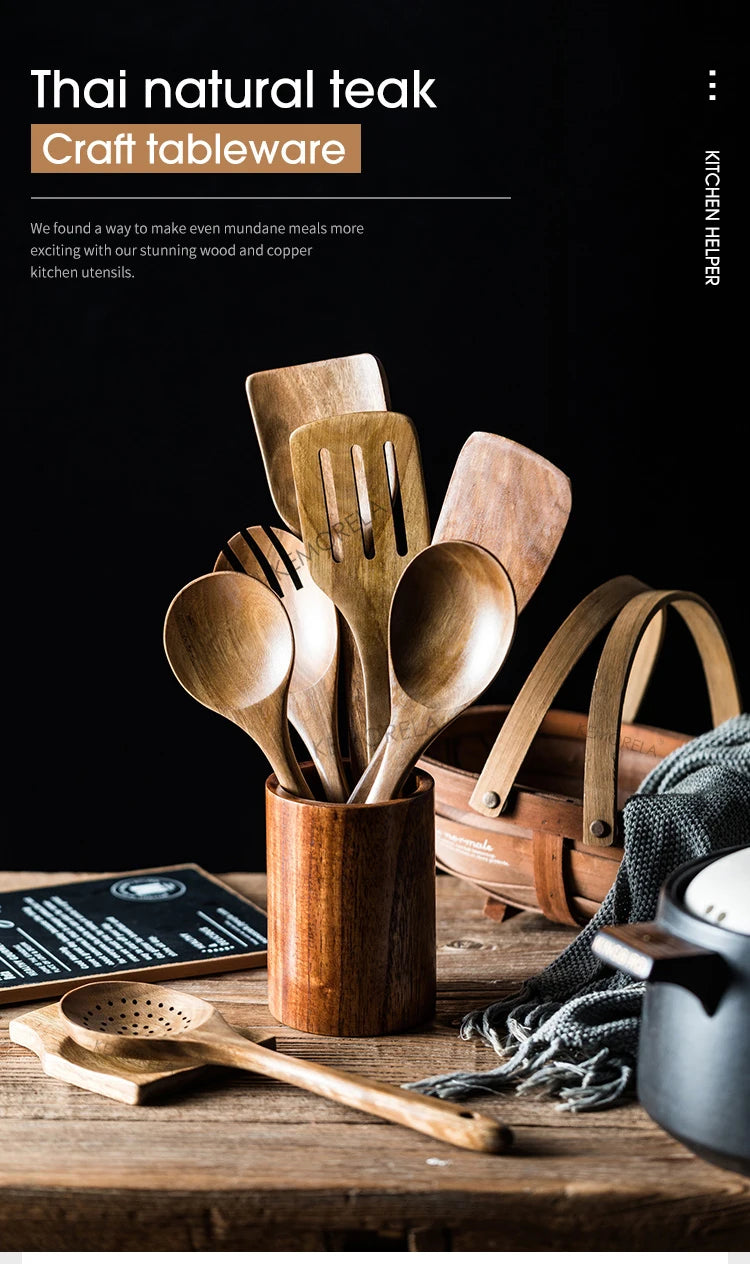 9-Piece Teak Wooden Cooking Utensil Set with Holder