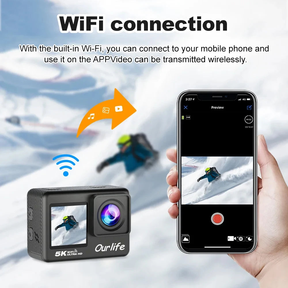 Ourlife 5K Action Camera 4K60FPS | Touch Screen, 30M Waterproof