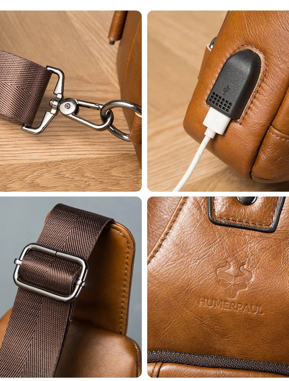 HUMERPAUL Men's Genuine Leather USB Crossbody Chest Bag - Travel & Fashion