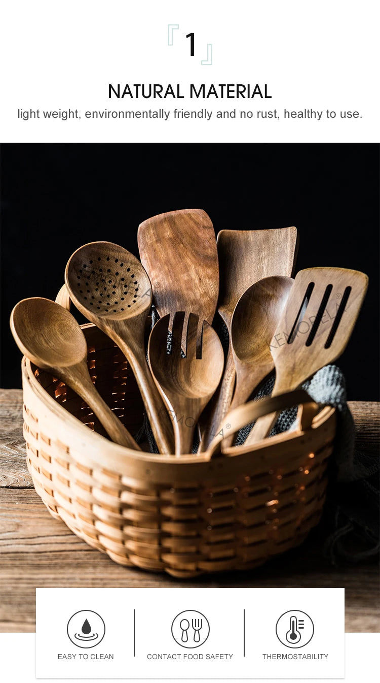 9-Piece Teak Wooden Cooking Utensil Set with Holder