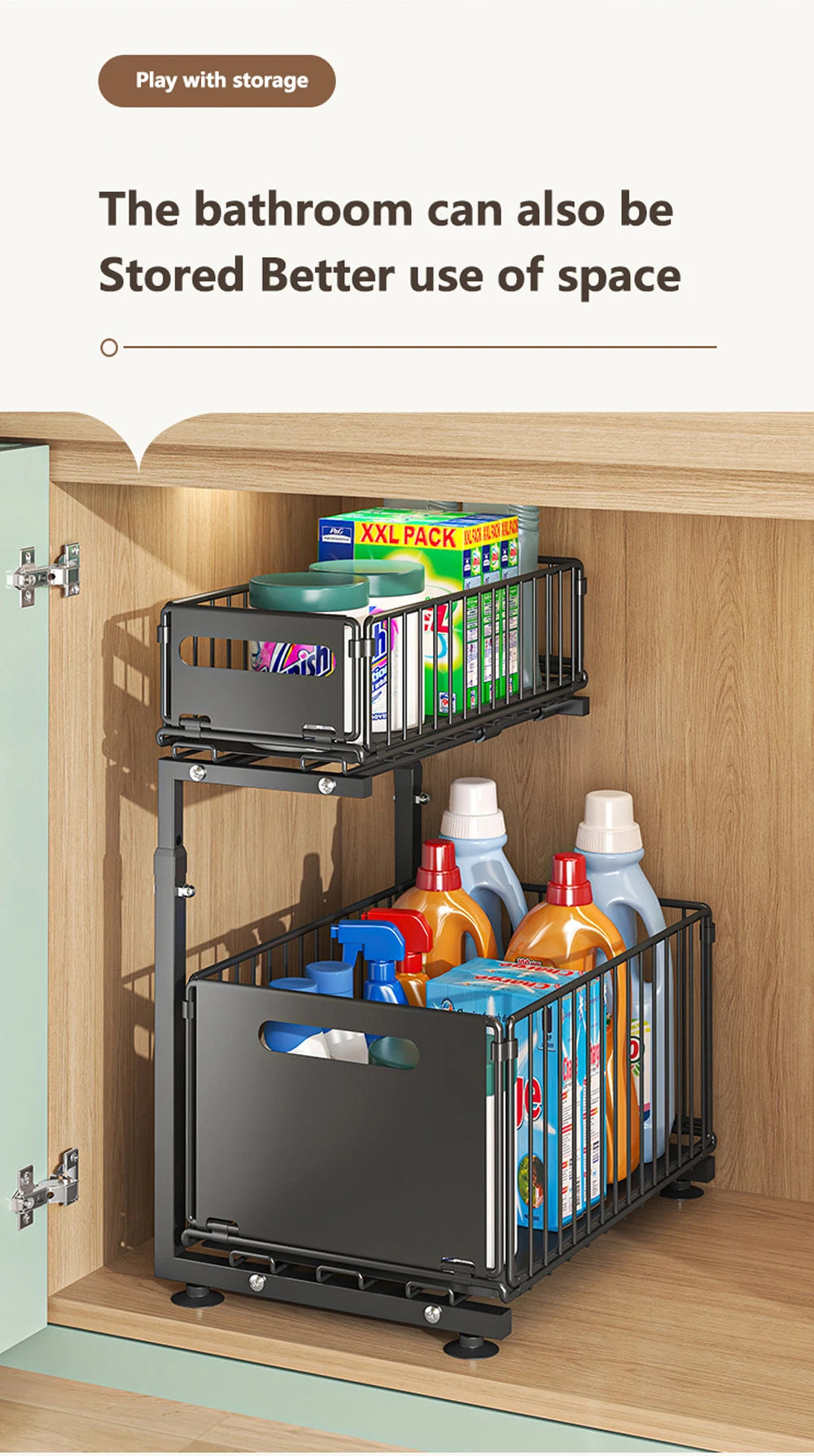 2-Tier Pull-Out Cabinet Organizer - Adjustable Under Sink Storage & Spice Rack