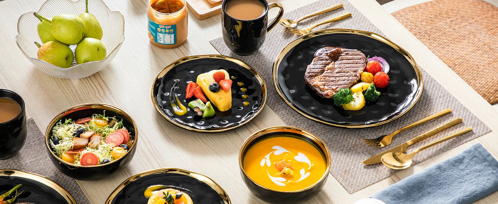 LOVECASA 16/32-Piece Black Porcelain & Gold Dinnerware Set