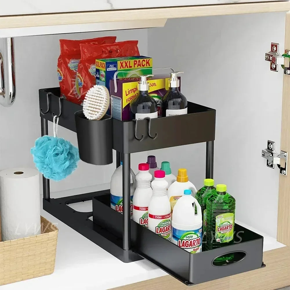 2-Tier Under Sink Organizer - Sliding Cabinet Basket Storage Rack for Bathroom & Kitchen
