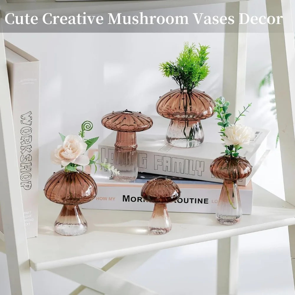 5Pcs Colourful Mushroom Glass Vases | Hydroponic Flower Pots Home Decor