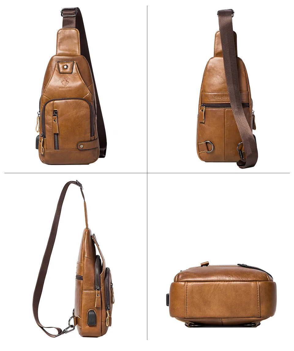 HUMERPAUL Men's Genuine Leather USB Crossbody Chest Bag - Travel & Fashion