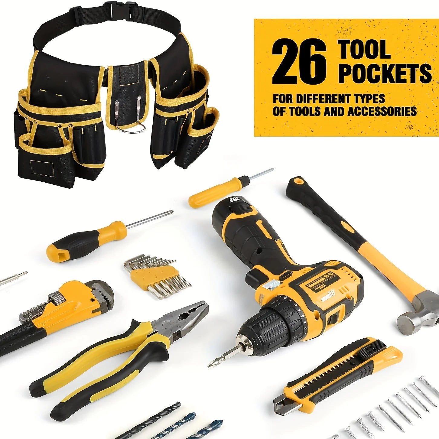 Heavy-Duty Magnetic Tool Belt with 26 Pockets & Removable Bag