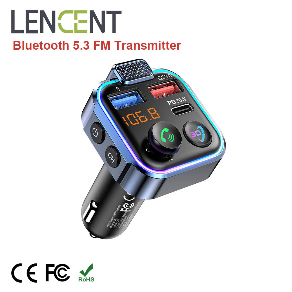 LENCENT Bluetooth 5.3 FM Transmitter | PD 30W QC3.0 Car Charger & Hands-Free Kit
