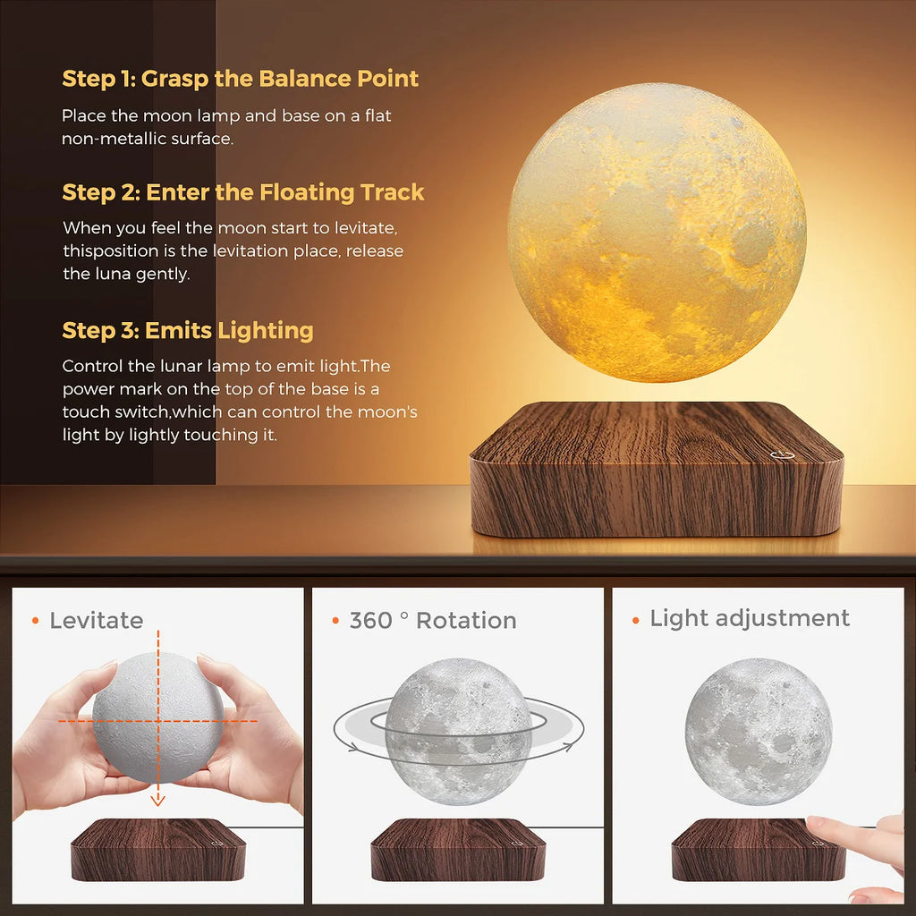 Levitating Moon Lamp - Magnetic Floating 3D LED Night Light with Wooden Base