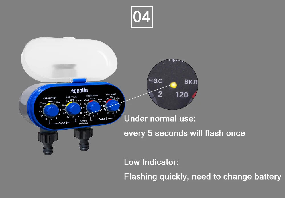 Automatic Garden Water Timer, 2 Outlet Ball Valve, 4 Dials, 0 Pressure Irrigation Controller for Yard