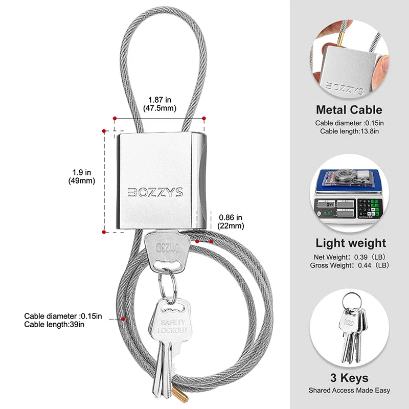 BOZZYS Adjustable Cable Lockout Padlock - Industrial Safety Lock