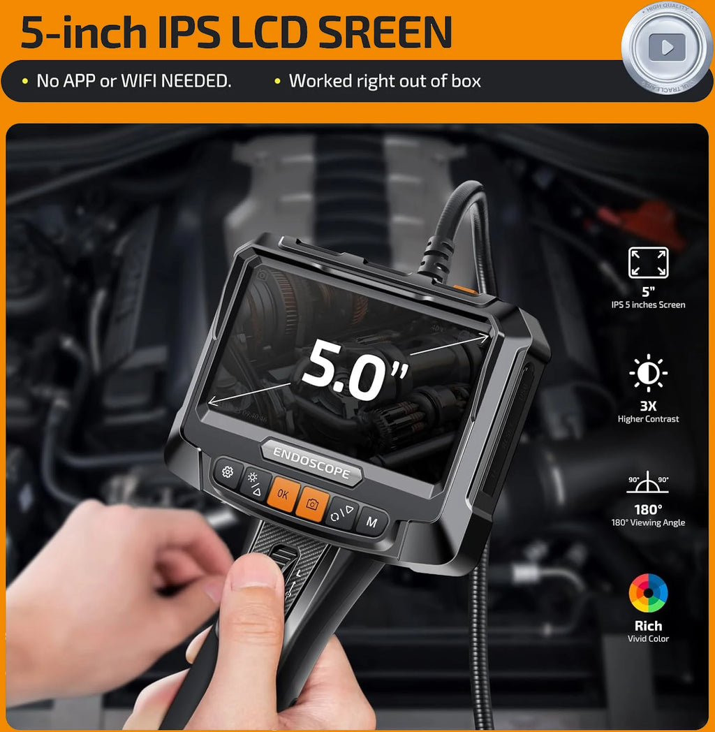 Vabena 360° Rotating Dual-Lens Endoscope - 3.9MM Industrial Inspection Camera with 5-inch IPS Display