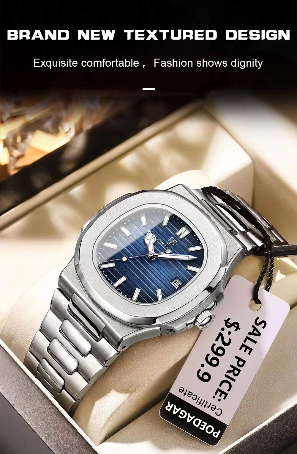 POEDAGAR Men's Square Luxury Quartz Watch - Waterproof, Luminous Date, Stainless Steel for Business & Sport