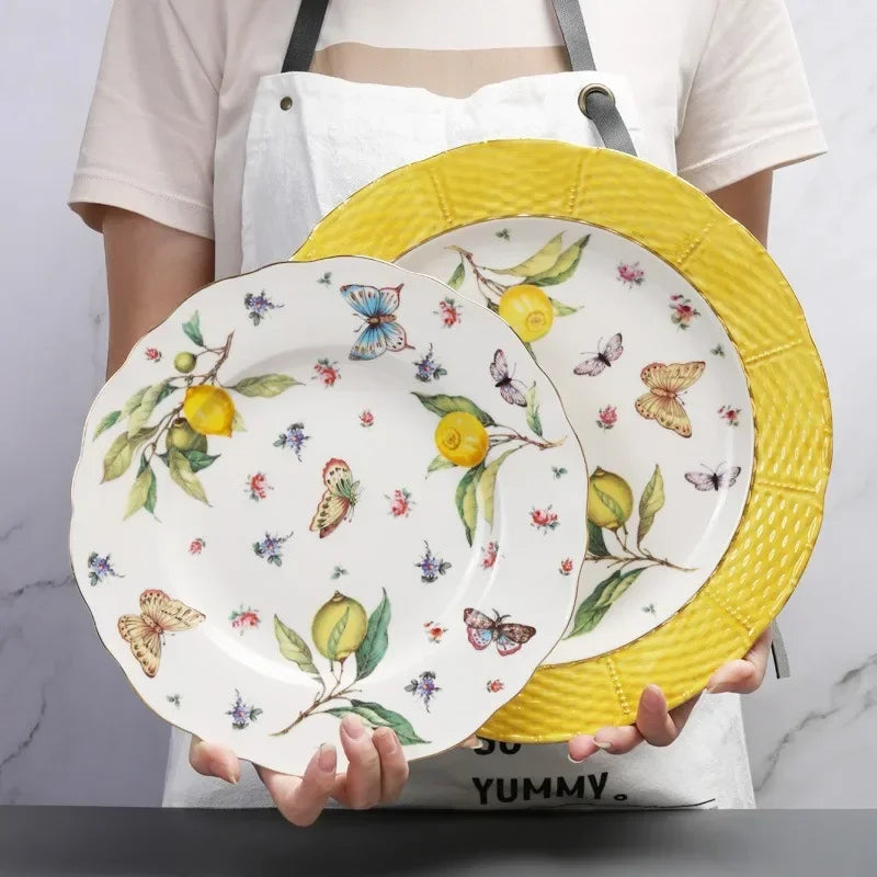 Elegant European Lemon Ceramic Dining Set | Dinner Plates & Coffee Cups