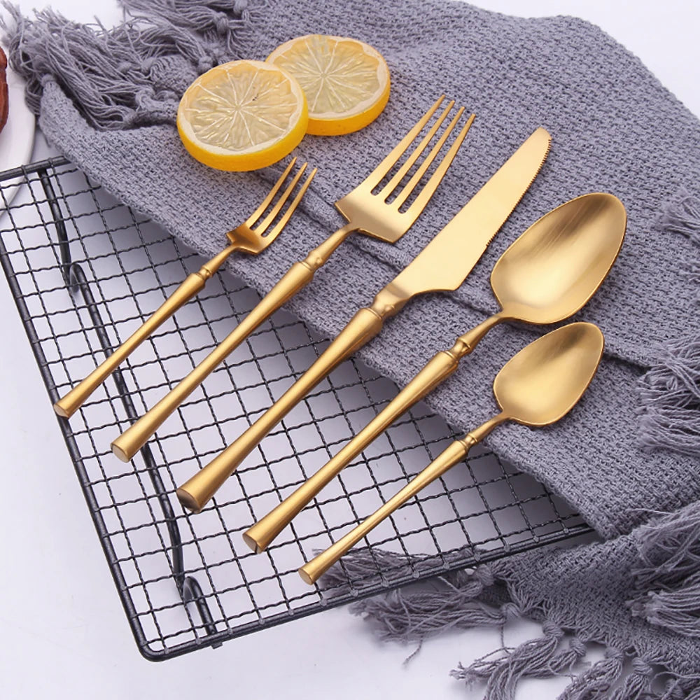 Elegant Gold Cutlery Set | Stainless Steel Dinnerware (10-30 Pcs)
