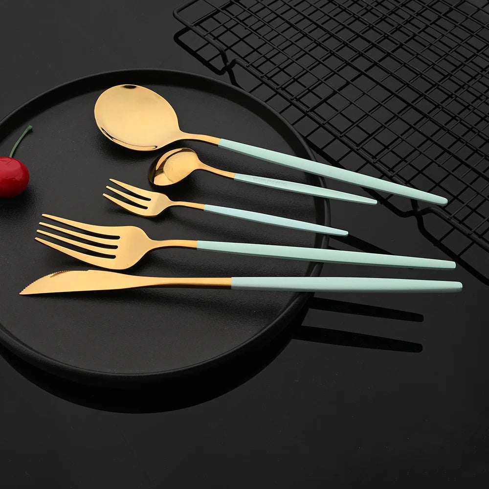 Vabena 30-Piece Black Gold Stainless Steel Dinnerware Set