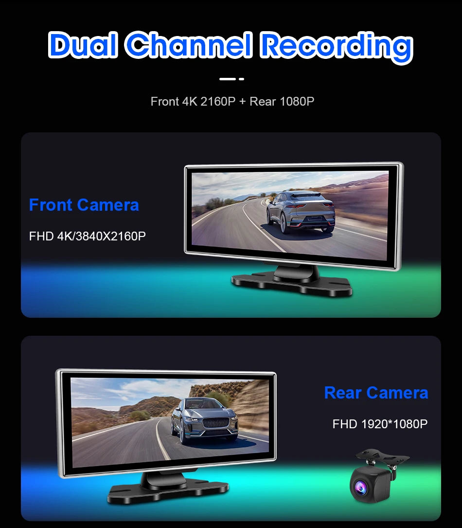 10/11.26" 4K Dash Cam with Wireless Carplay & Android Auto | GPS | Dual Lens