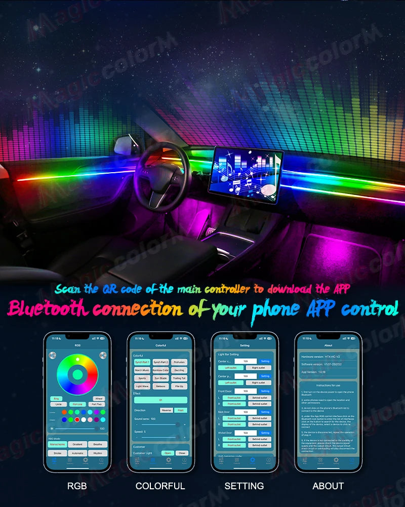 18-in-1 LED Car Ambient Lights Kit - 64 Color RGB Symphony Streamer Interior Bluetooth Strips
