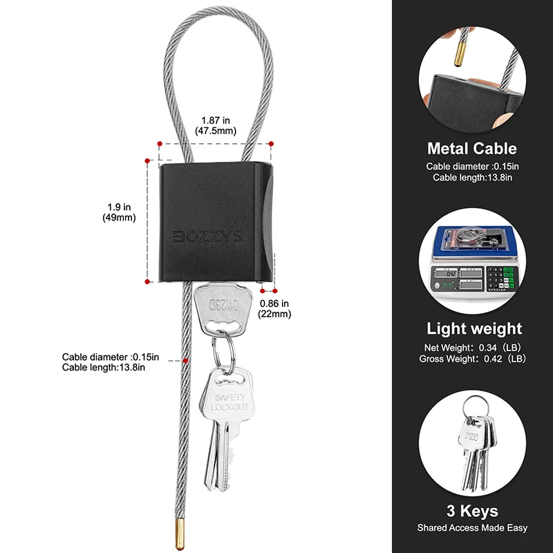 BOZZYS Adjustable Cable Lockout Padlock - Industrial Safety Lock