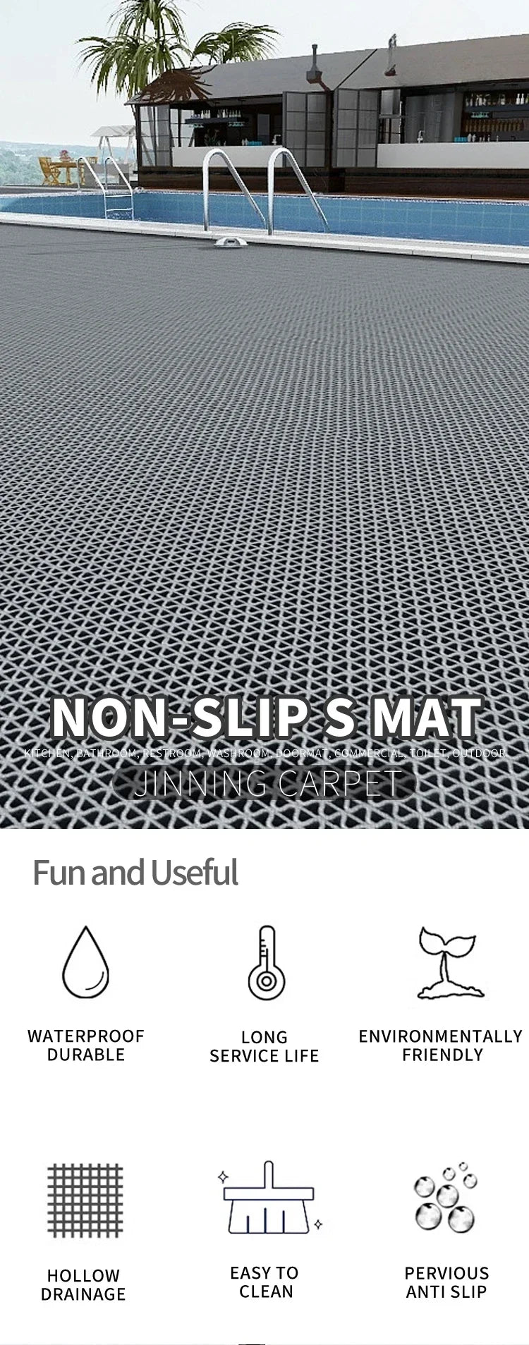 Non-Slip PVC Floor Mats for Kitchen, Bathroom, Outdoor & Pool - Waterproof & Dirt-Resistant