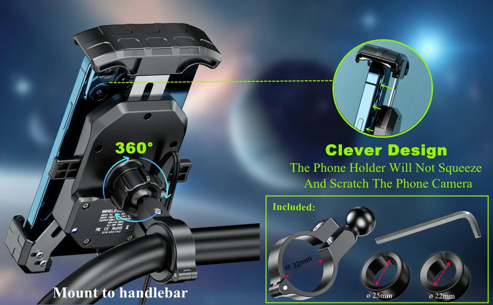 Motorcycle Phone Holder with Fast Wireless & USB Charging | Handlebar & Mirror Mount