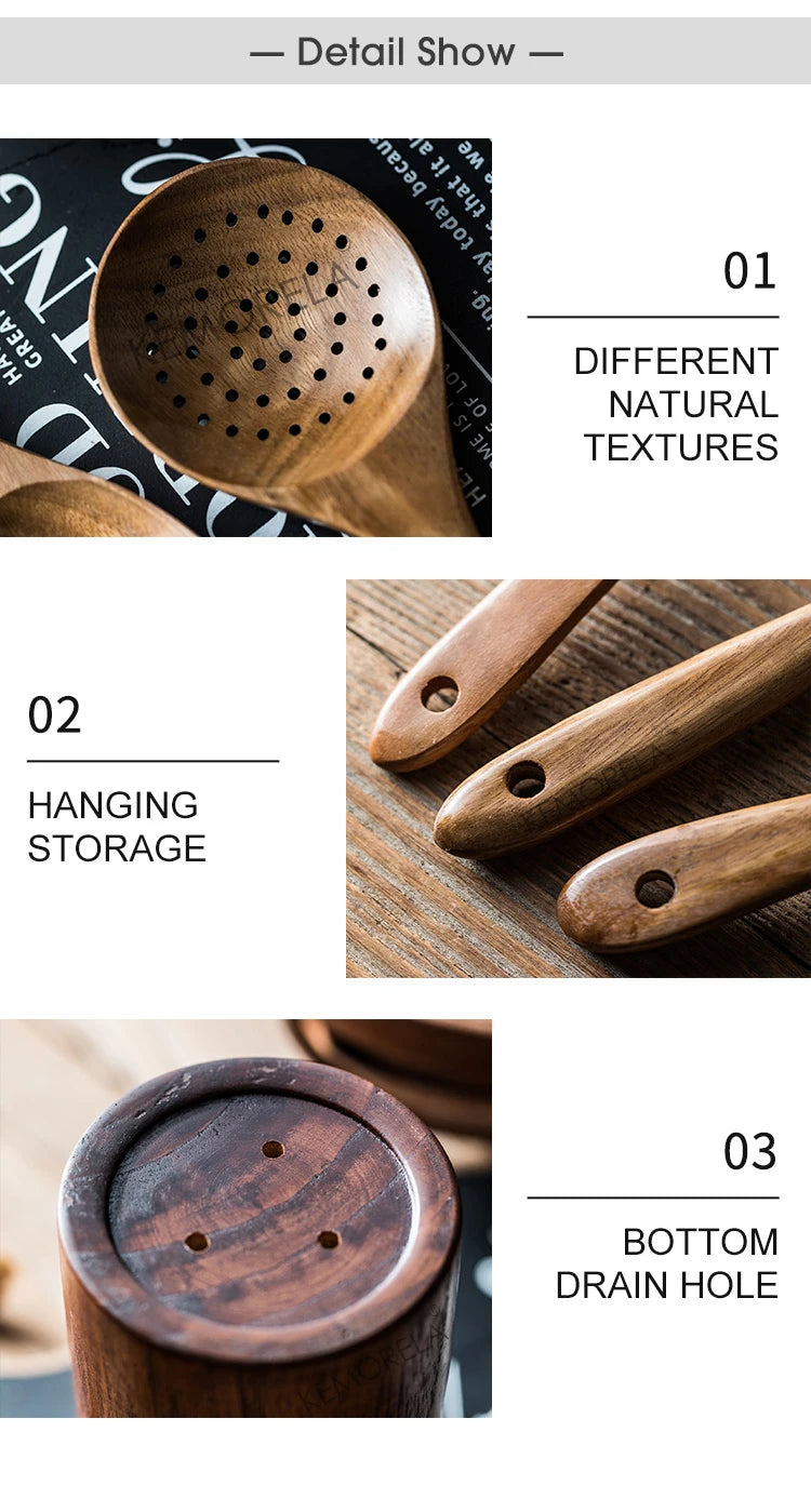 9-Piece Teak Wooden Cooking Utensil Set with Holder