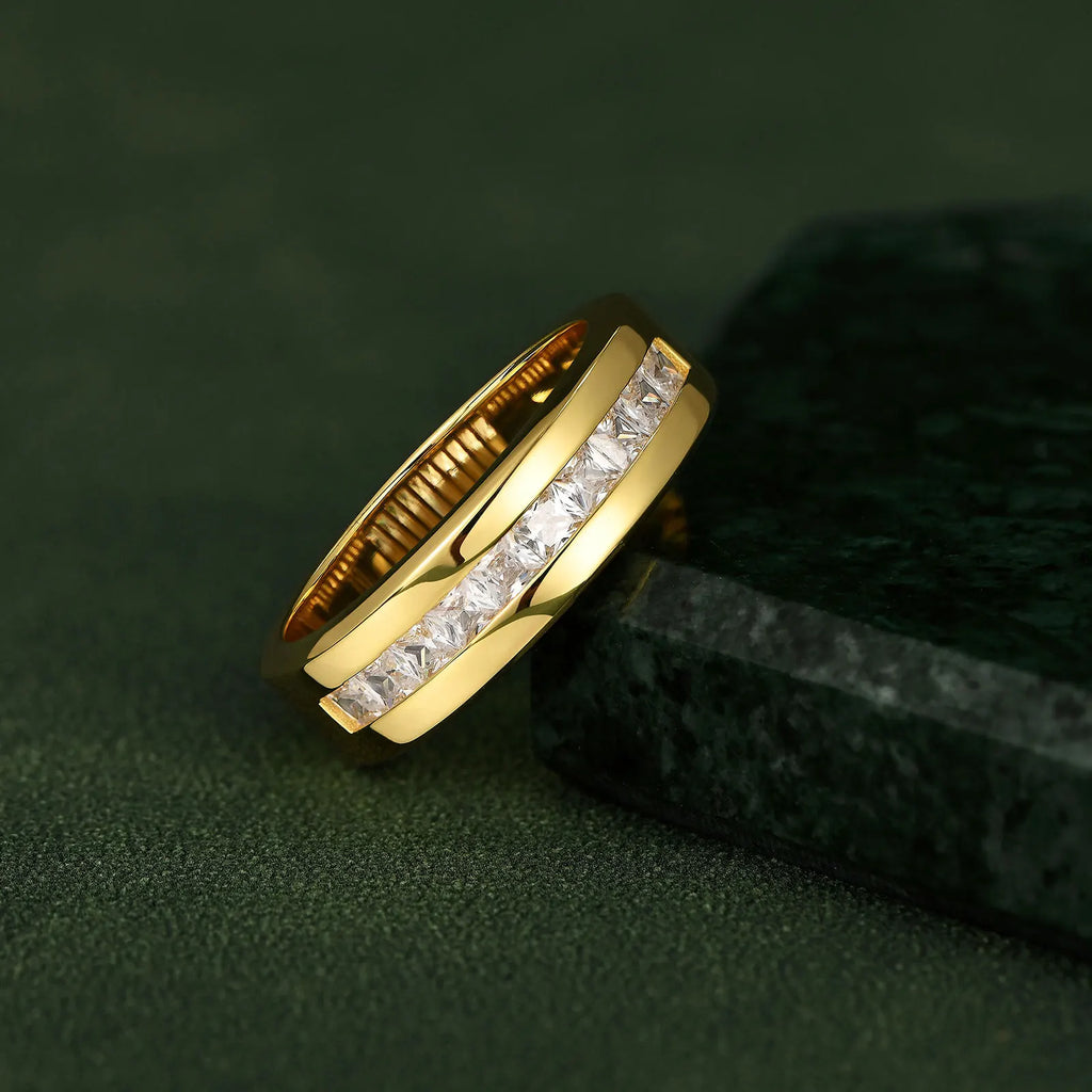 Newshe Men's Half Eternity Moissanite Wedding Band