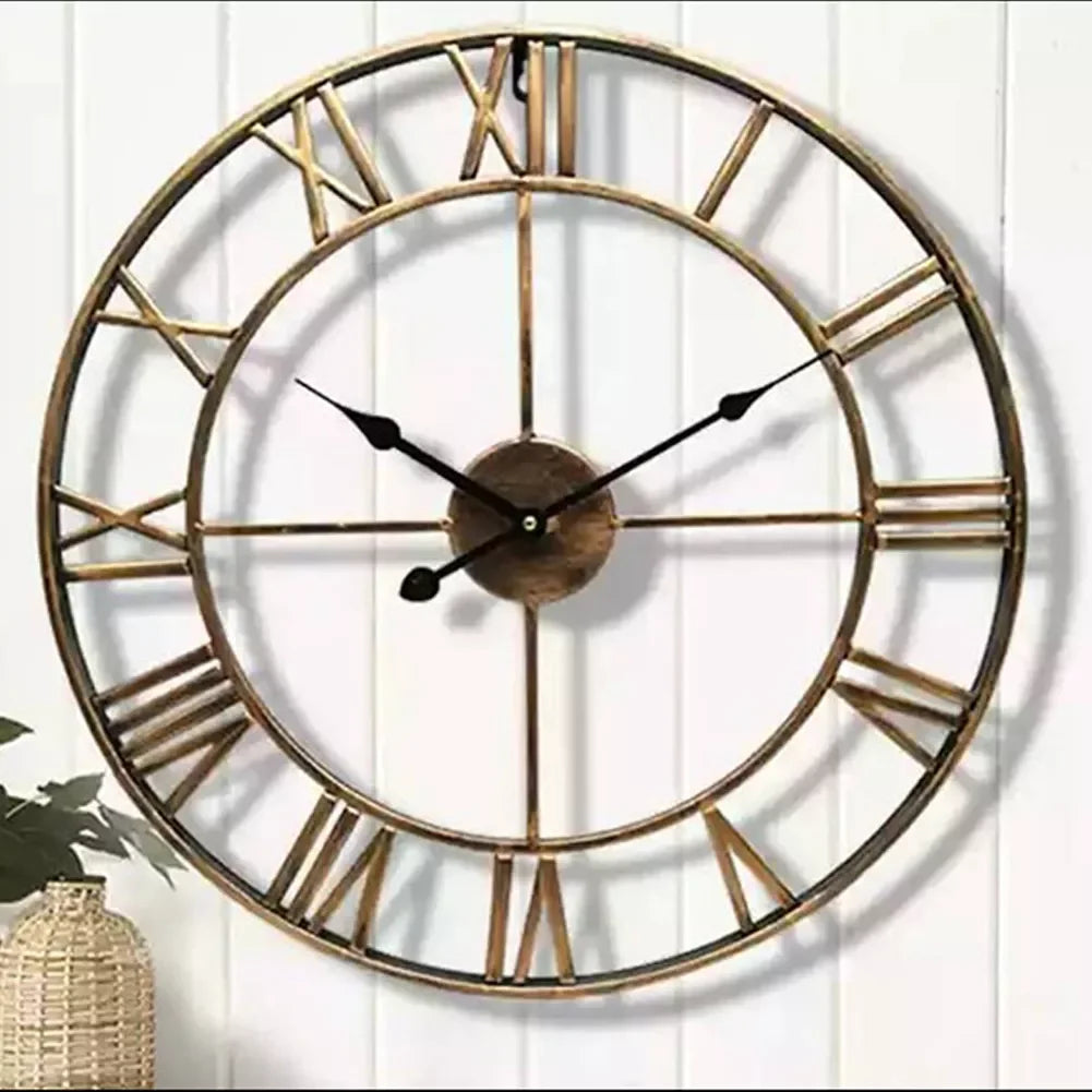 Large 3D Roman Numeral Wall Clock - Retro Metal Silent Nordic Decor