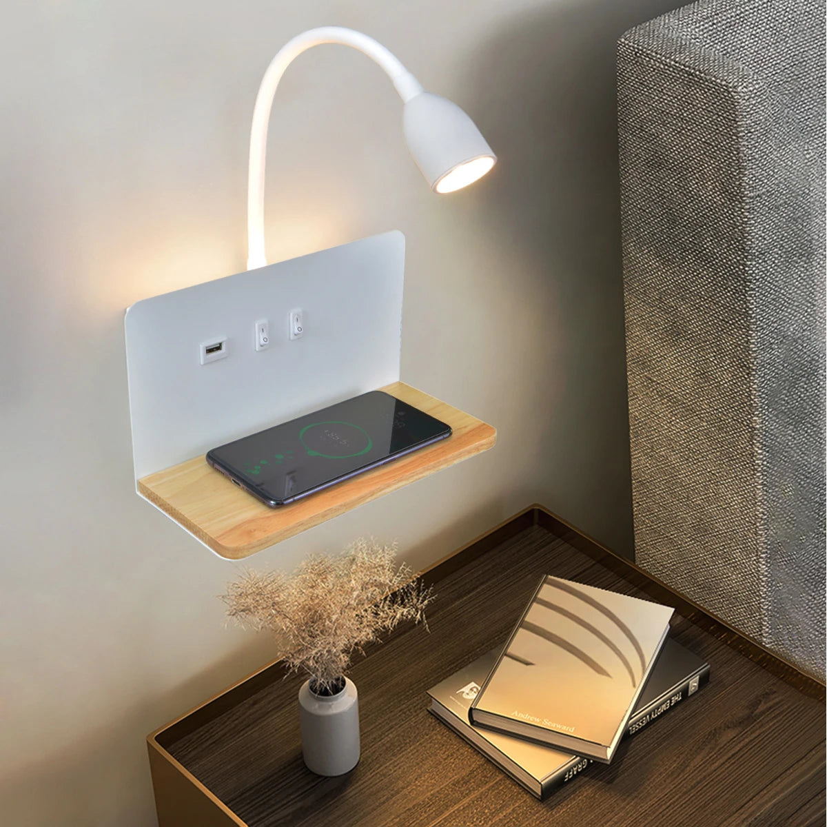 Modern 360° Rotatable LED Wall Lamp with USB & Wireless Charging for Bedside
