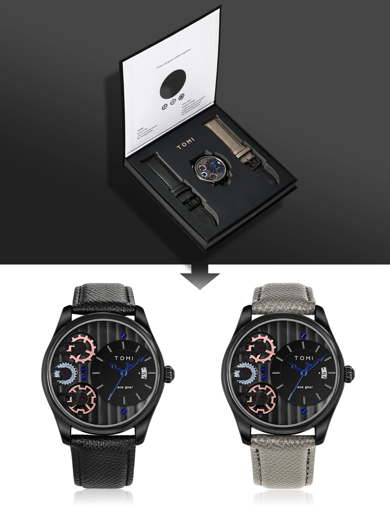 TOMI Men's Luxury Quartz Watch Gift Set - Detachable Strap