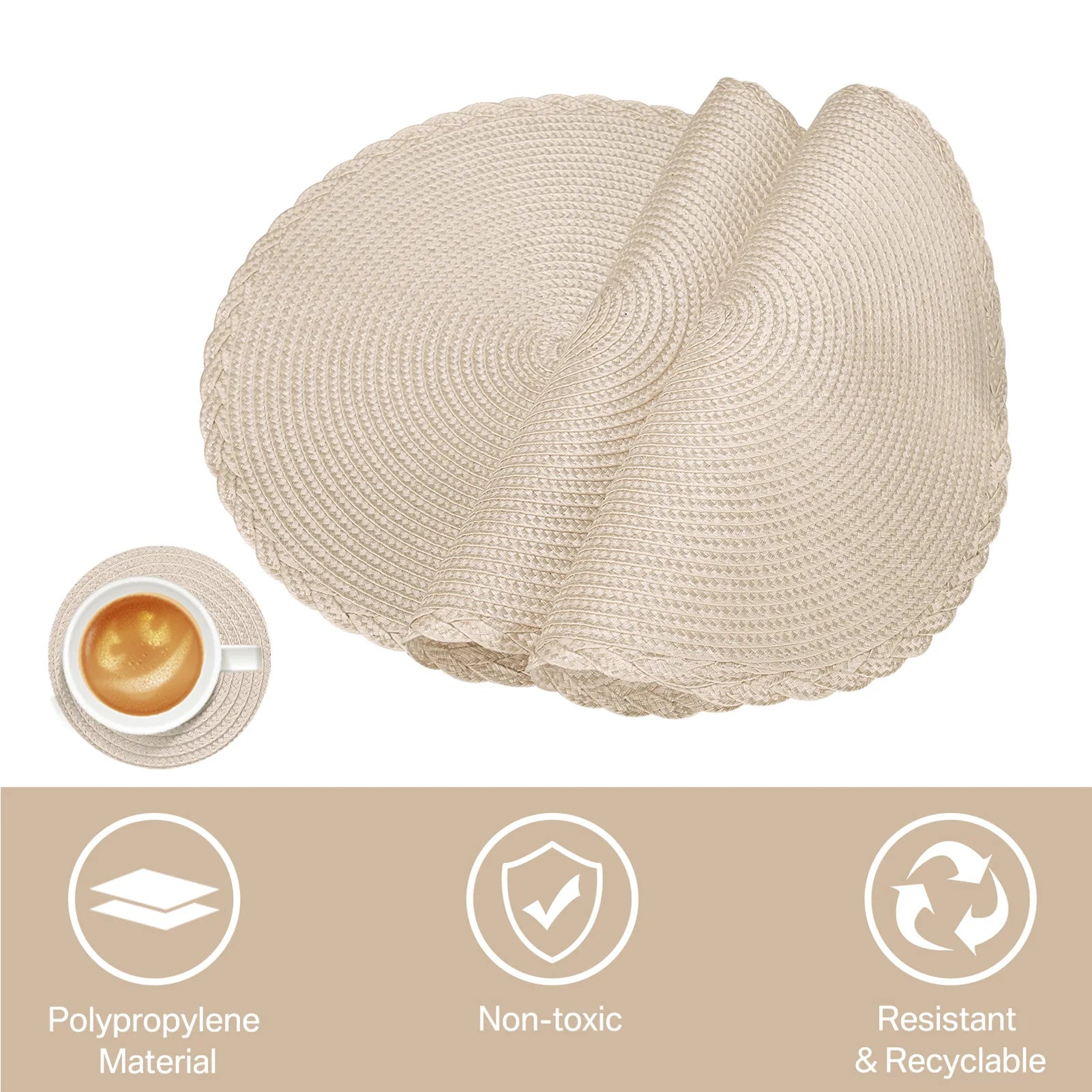 Set of 12 Round Braided Placemats & Coasters | Washable, Heat Resistant & Non-Slip