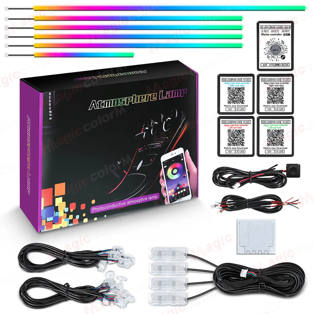 18-in-1 LED Car Ambient Lights Kit - 64 Color RGB Symphony Streamer Interior Bluetooth Strips