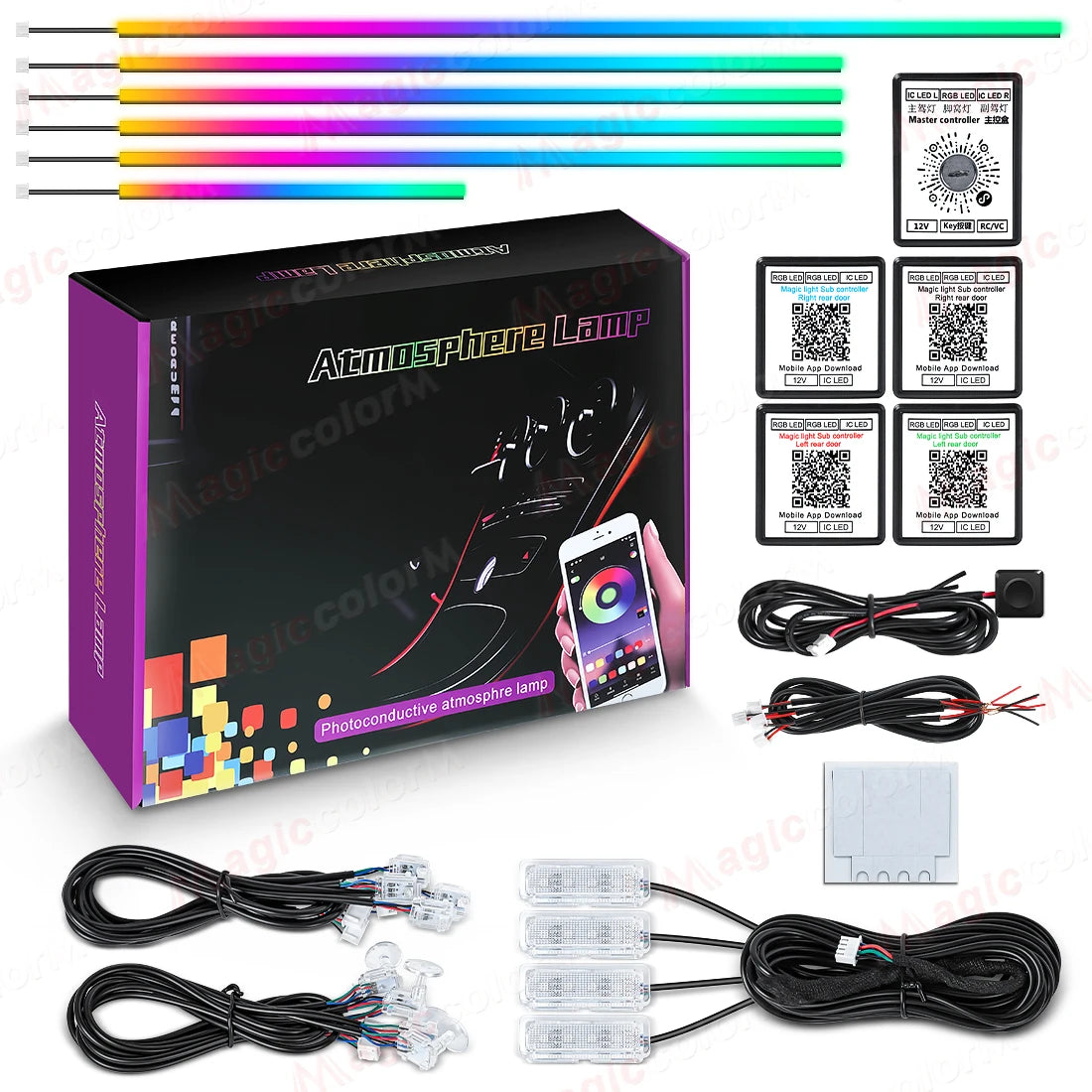 18-in-1 LED Car Ambient Lights Kit - 64 Color RGB Symphony Streamer Interior Bluetooth Strips