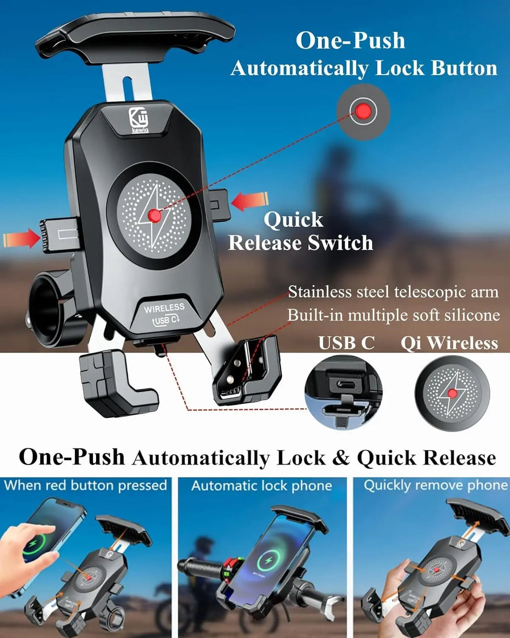 Motorcycle Phone Holder with Fast Wireless & USB Charging | Handlebar & Mirror Mount