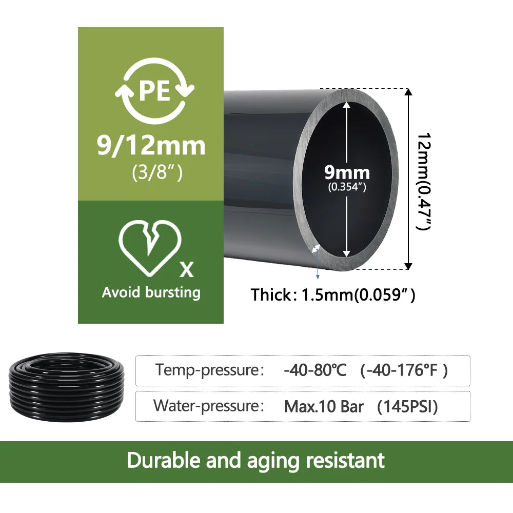 Vabena Black PE Drip Irrigation Pipe 1/4" 3/8" OD 6-12mm – Pressure Proof Garden Hose
