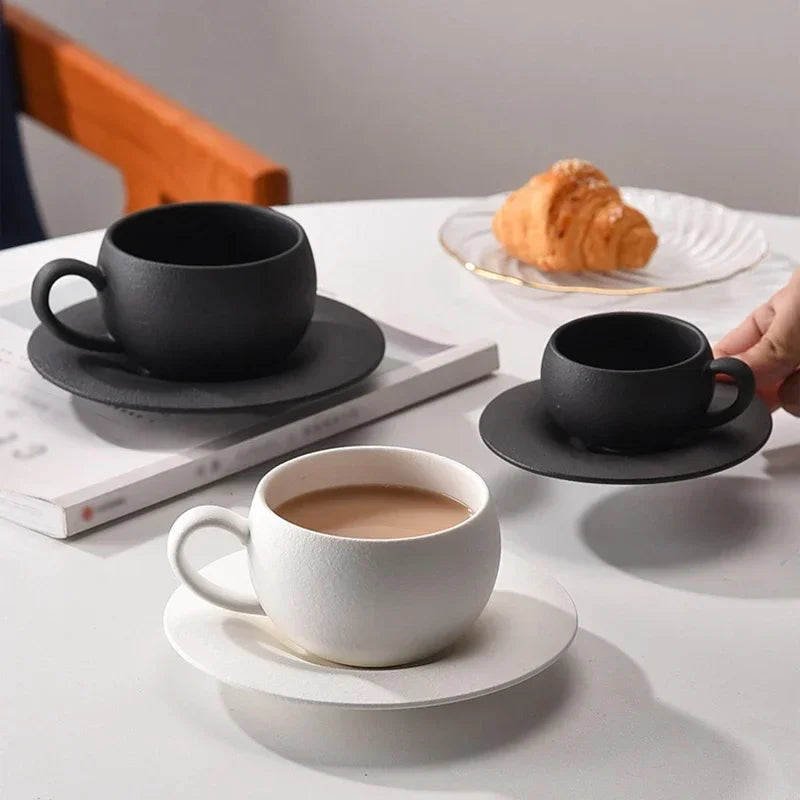 Artisan Fired Stone Ceramic Mug & Saucer Set | Rustic Elegance